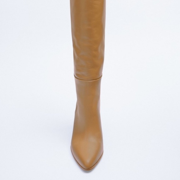 Zara New With Tags Heeled Leather Knee High Boots Brown Beige Taupe Gray, nwt - Picture 4 of 13